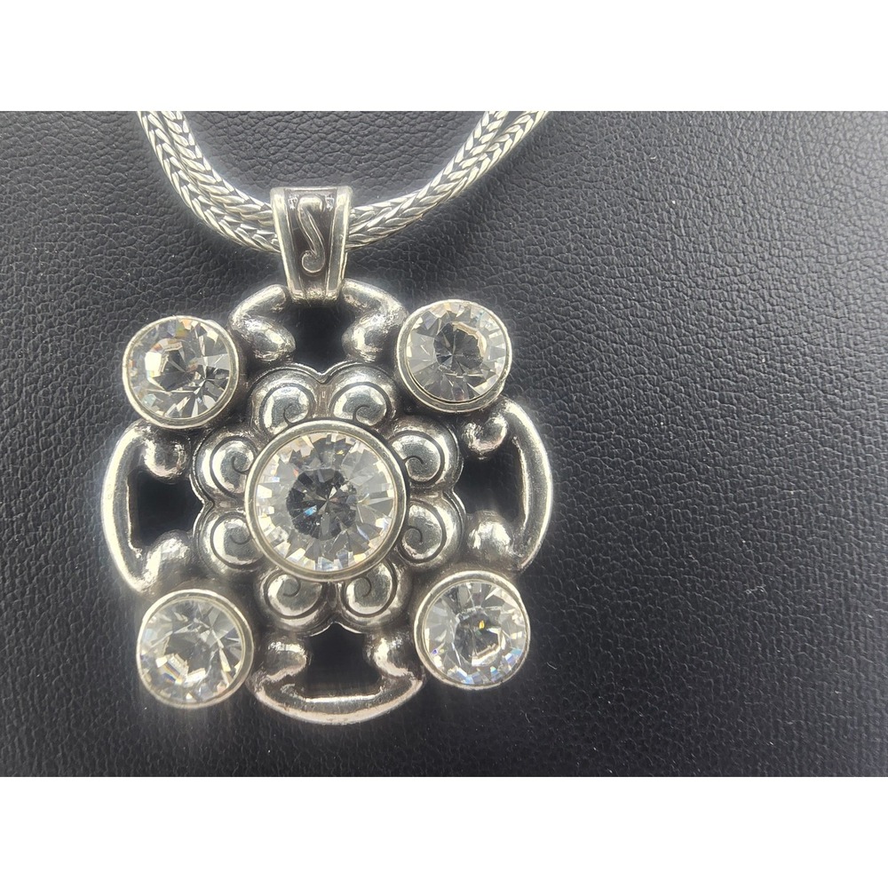 Brighton Necklace Silver Tone Clear Stone Double Strand Wheat Chain Heart Clasp